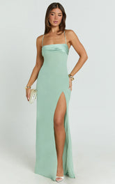 Sonya Maxi Dress - Cowl Neck Asymmetric Fit And Flare Dress in Sage