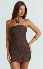 Tamika Mini Dress - Crochet Strapless Bodycon Dress in Chocolate