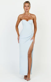 Tasha Midi Dress - Strapless Ruched Bodice Leg Split Dress in Blue