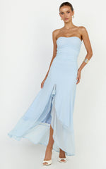 Oceana Maxi Dress - Strapless Sweetheart Neckline Mesh Dress in Blue