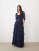 Lace & Beads Tulle Fallen Shoulder Asymmetric Ruffle Detail Maxi Dress In Navy