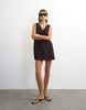 Topshop Denim Cord Pinny V Neck Mini Dress In Chocolate