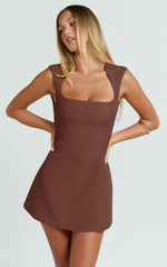 Sakura Mini Dress - Square Neck Wide Strap A Line Skirt Dress in Chocolate