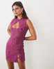 Flocked Mesh Mandarian Detail Mini Dress In Plum