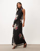 Asymmetric Printed Mesh Blouson Maxi Dress With Grown On Neck In Black Floral