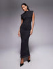 High Neck Detail Maxi Dress With Shoulder Pads In Polka Dot