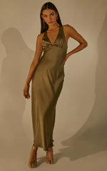 Khalani Maxi Dress - Deep V Neck Satin Slip Dress in Dark Olive