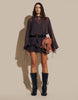 High Neck Chiffon Mini Dress With Blouson Waist In Chocolate Brown