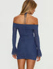 Princess Polly Taylon Mesh Bardot Halterneck Detail Flare Sleeve Mini Dress In Blue