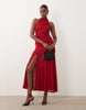 Bardot Mesh High Neck Ruched High Split Maxi Dress In Deep Cherry