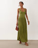 Crinkle Button Through Midi Dress In Olive