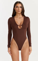 Ricki Bodysuit - Plunge Neck Long Sleeve Bodysuit in Chocolate