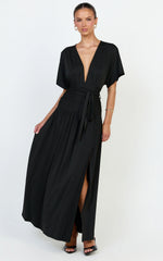 Liana Maxi Dress - Wide Sleeve Tie Waist Maxi Dress in Black