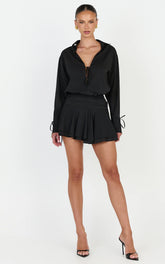 Melanie Mini Dress - Tie Front Long Sleeve Shirt Dress in Black