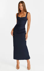 Benita Midi Dress - Scoop Neck Ruched Fitted Dress in Navy