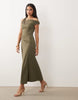 Crepe Fallen Shoulder Maxi Dress With Ruched Skirt Detail In Khaki