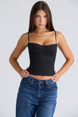 black stretch twill cupped corset top