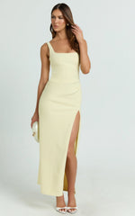 Tessa Maxi Dress - Square Neck Ruched Side Bodycon Dress in Lemon