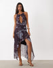 Mesh Halter Keyhole High Low Maxi Dress In Purple Floral Print