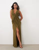 Premium Plunge Draped Midaxi Dress In Olive Green