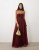 Lace & Beads Tulle Bandeau Scarf Neck Corset Maxi Dress In Burgundy