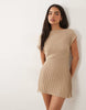 Knitted Cinched Pleated Mini Dress In Stone