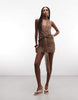 Murci Halterneck Plunge Drape Waist Detail Knitted Sequin Mini Dress In Light Brown