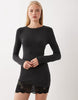 Long Sleeve Mini Dress With Lace Trim In Black