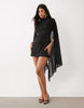 Mini Dress With Sheer Cape Shoulder In Black Scuba-Style Fabric