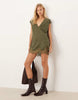 Cord V Neck Lace Trim Mini Shift Dress Washed Olive