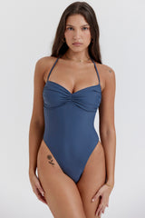 deep blue gathered swimsuit