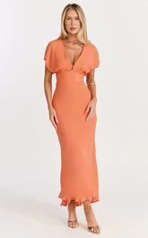Desiree Midi Dress - V Neck Flutter Short Sleeve Slip Dress in Orange