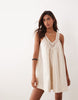V Neck Smock Poplin Mini Sundress With Lace Overlay In Bone