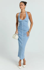 Julie Midi Dress - Halter Neck Button Front Dress in Blue