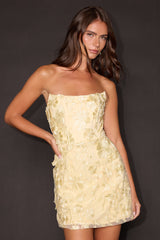 Macario Light Yellow 3D Floral Embroidered Mini Dress