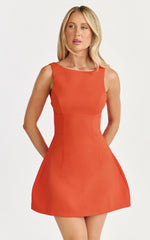 Freddie Mini Dress - Boat Neck Fit and Flare Dress in Orange