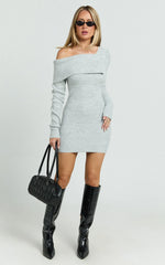 Tess Mini Dress - Asymmetric Off Shoulder Long Sleeve Knit Dress in Light Grey Marl