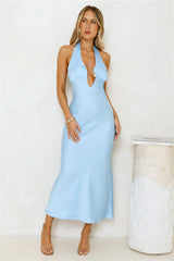 Undeniably Magnetic Halter Satin Maxi Dress Blue