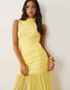Ruched Drop Waist Circle Dress With Grown In Neck In Lemon