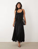 Scoop Neck Maxi Dress With Godet Hem And Scarf In Black