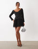 Asos Luxe Structured Long Sleeve Mini Dress With Fringe Skirt In Black