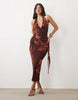 Mesh Halterneck Midi Dress With Sweeping Sash Skirt In Brown Floral Print
