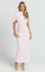 Visenta Midi Dress - Asymmetrical Sleeve Dress in Pink