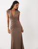 Ruched Waist Deep V Maxi Dress In Mocha