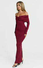 Rani Maxi Dress - Off Shoulder Long Sleeve Bodycon Dress in Wine