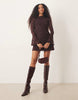 Flocked Floral Mini Dress With Flute Sleeve In Chocolate Brown