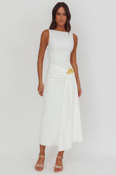 Zimora Gold Buckle Waist Drape Maxi Dress White