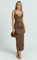 Desi Midi Dress - Spaghetti Strap V Neck Front Leg Split Dress in Chocolate