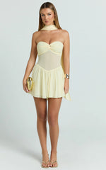 Carter Mini Dress - Strapless Front Twist Dropped Waist With Neck Scarf Dress in Lemon