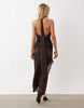 Halter Neck Scarf Detail Asymmetric Satin Midaxi Dress In Dark Chocolate